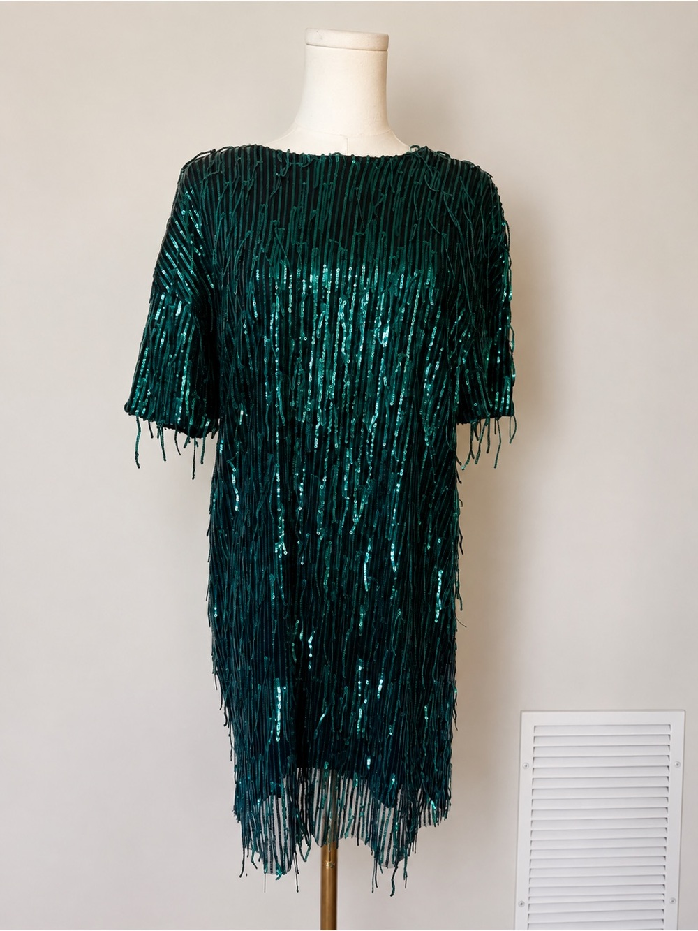 Zara XS Emerald Green Sequin Fringe Mini Dress Cocktail Party Holiday